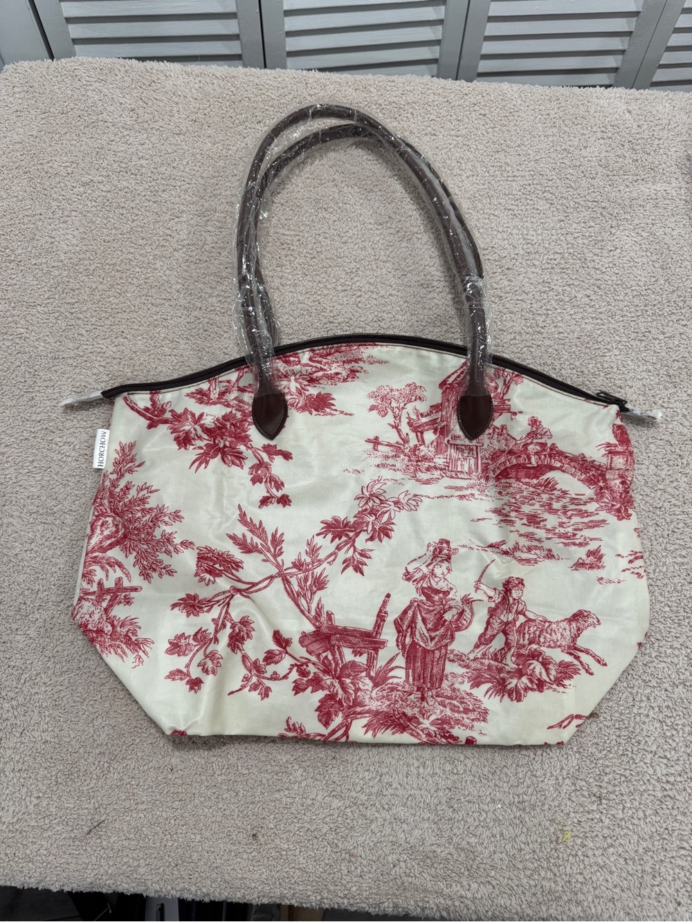 Horchow Red Toile Print Large Tote Bag Cream Brown Handles